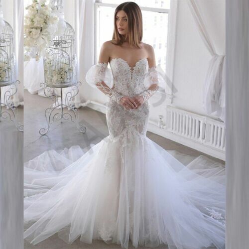 Wedding Dress Mermaid Strapless Appliques Lace Detachable 3/4 Sleeve Bride Style