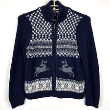 Eddie Bauer Full Zip Cardigan Sweater Large fair isle nordic holiday reindeer