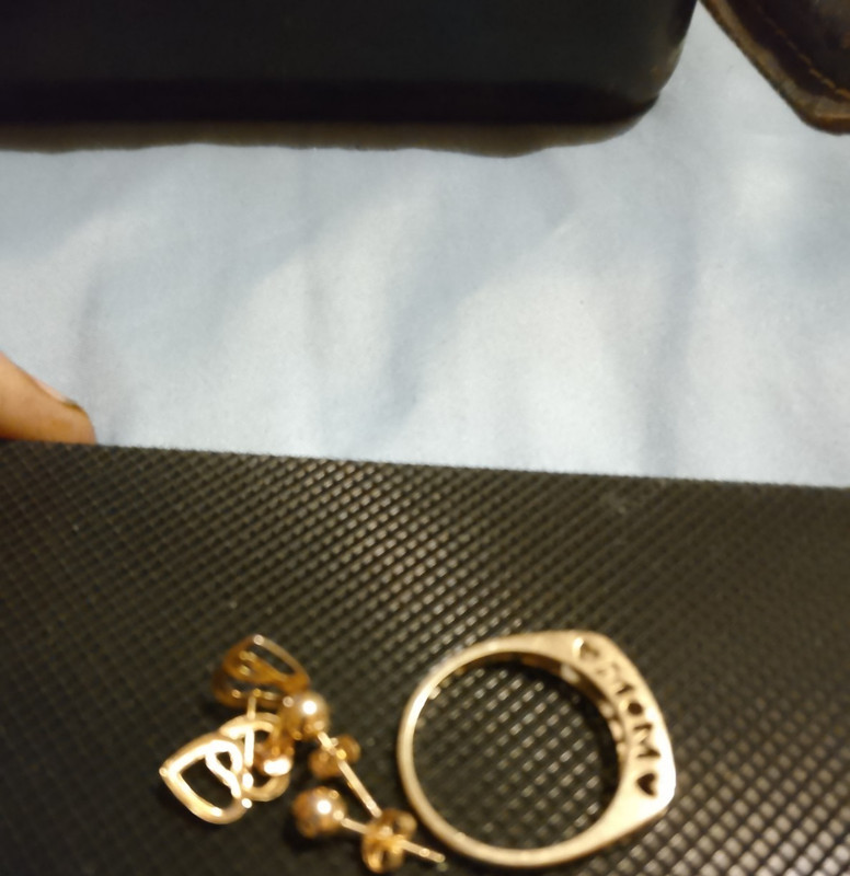 10k Yellow Gold MOM Heart  Band Ring Size 7, 14k Ball Ear Rings And 10k Hearts