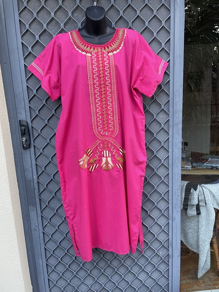 Wahed Pink Kaftan dress long embroidered Moroccan style XL Round neck