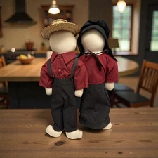 Vintage Man Woman Farmer Husband Wife Amish Faceless Cloth Rag Doll Pair Set