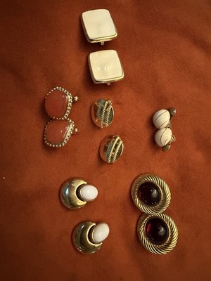 Monet Vintage Mixed Lot 5pc Clip-On Earrings Gold Tone w/ White & Red