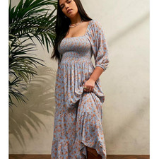 UO Lottie Blue Bloom Maxi Dress Floral Printed Smocked Tie Back Urban New XS