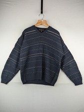 Vintage Blue Large Knit V-Neck Liberty Sweaters Made In USA Dotted Striped
