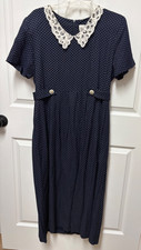 vtg 90s Miss Dorby Midi dress size 12 Navy Blue Polka Dot Button Lace collar EC