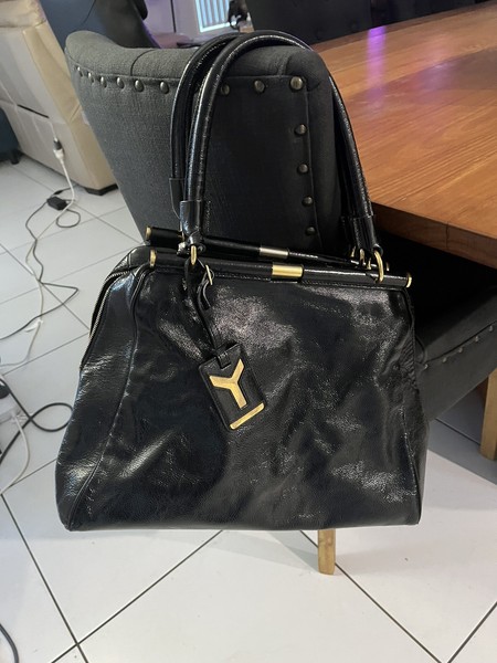 Yves Saint Laurent Black Patent Leather Satchel Top Handle, Zip, Gold Hardware .