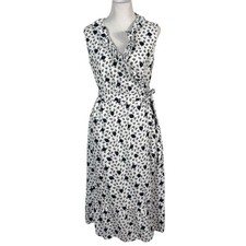 Boden Nancy Navy White Linen Wrap Ruffle Sleeveless Dress Dots Floral Size 12