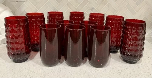 Vintage Anchor Hocking Royal Ruby Red Glass Set 7 Bubble Tumblers 5 Smooth