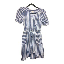 Monteau Blue White Stripe Drawstring Pocket Dress Coastal Nautical XS