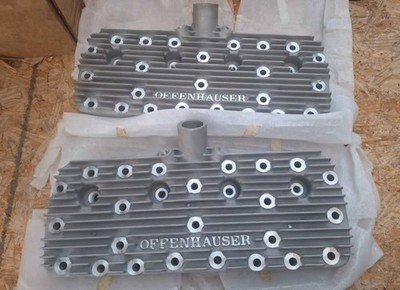 Vintage Offenhauser Finned Aluminum Flathead Ford V8 Cylinder Heads   Pair