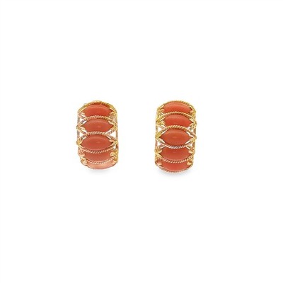 Vintage 14KY 0.75'' Marquise Pink Shell Stones Half Hoop Earrings - 0.75''