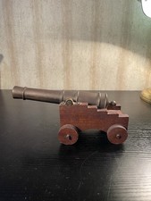 VTG Cast Iron Naval Cannon on Wooden Carriage Model Antique