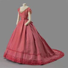 1886s Victorian Princess Ball Gown Historical Civil War Pink Crinoline Dress