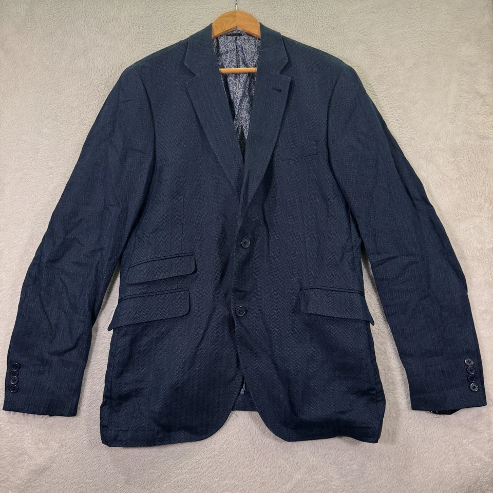 Chaqueta Blazer Kroon Para Hombre 40L Azul Marino Espiga Lino Mezcla Seda Preppy Informal Foto 2 de 4