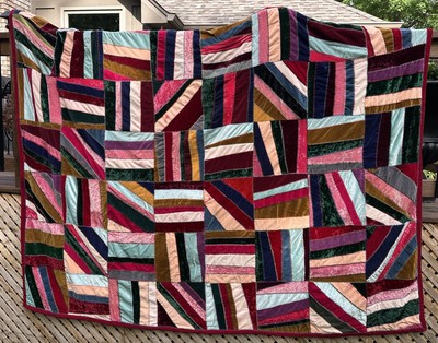 Vintage Handmade CRAZY QUILT Full Queen? 92 X 96 Large Coverlet Velour Velvet