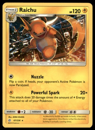 Pokémon TCG Cosmic Eclipse Raichu 67/236 English Regular Rare NM