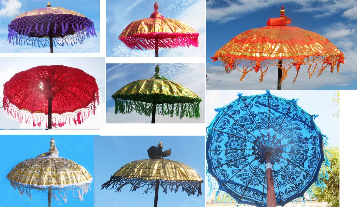 28 diameter colorful fringed fabric PARASOL, hand-made wood