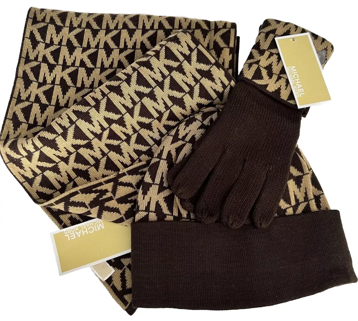 Michael Kors 3 Piece Set SCARF HAT GLOVES 2016 Chocolate Brown Dark Camel