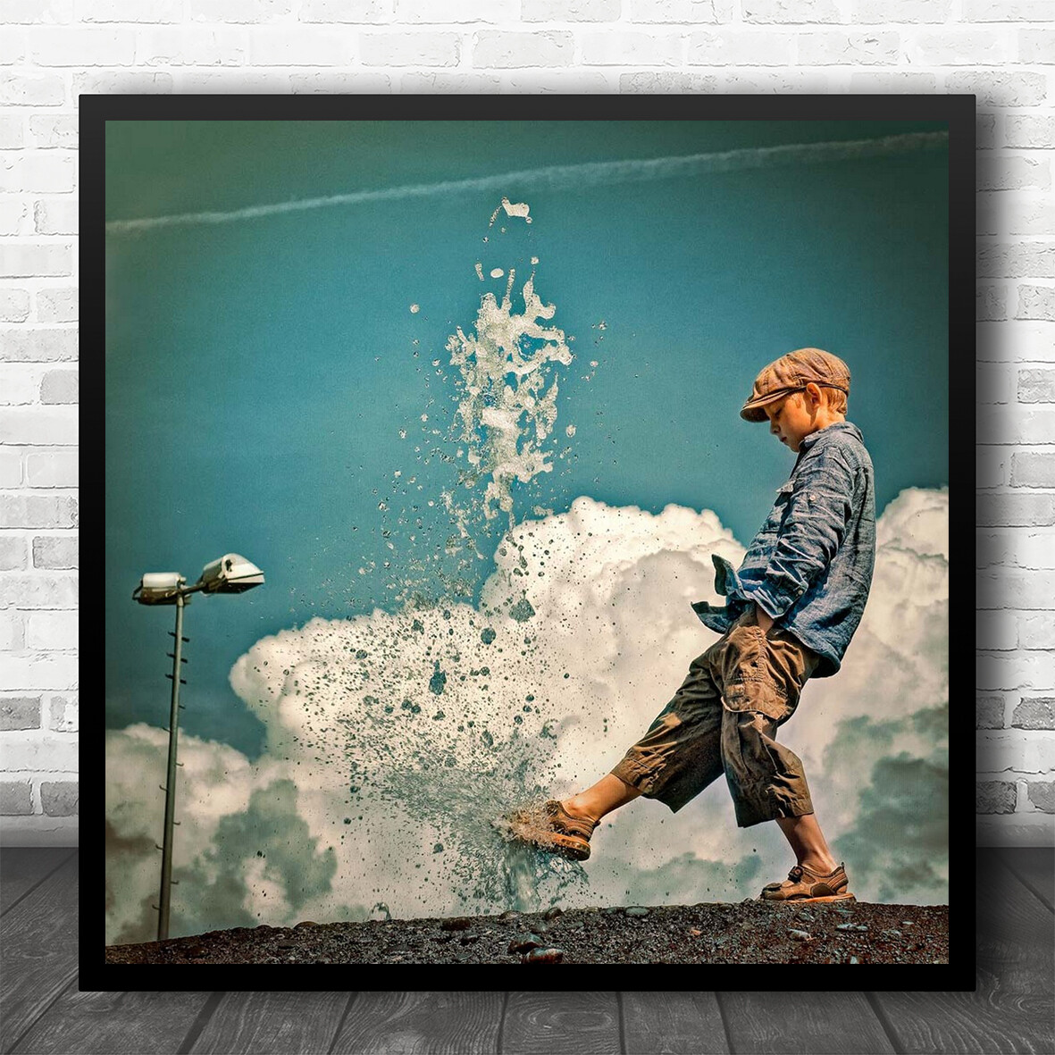 Mood Boy Clouds Water Puddle Splash Street Lamp Costume Kid Sky Wall Art Print