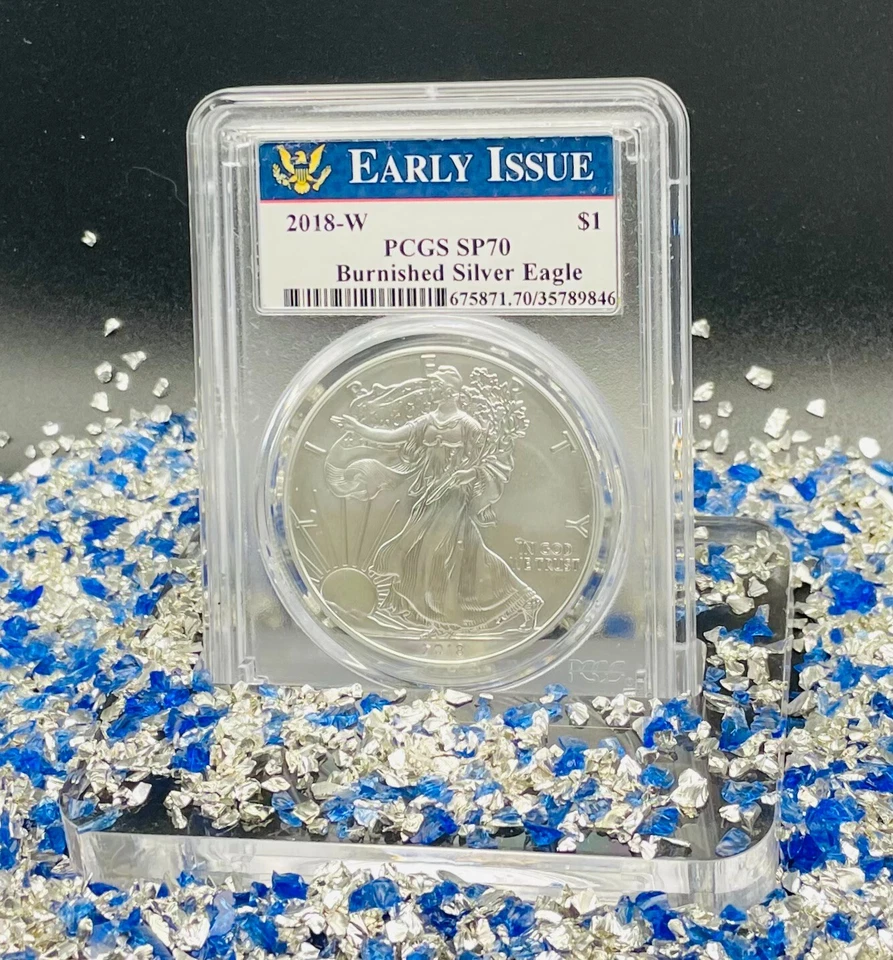 Burnished 2018 W $1 Silver Eagle Early Issue PCGS SP70 Rare Blue Label 1 of 3774 - Image 3 of 4