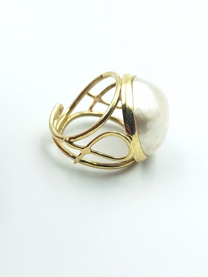 Anello Artigianale Da Donna In Argento 925 Perla 17 MM Australiana Oro Giallo - Immagine 2 di 4