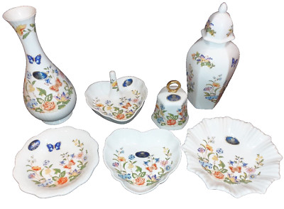 7 x Aynsley gemischte Cottage Garden Artikel, Knospenvase, Schmuck Muschelschalen, Glocke