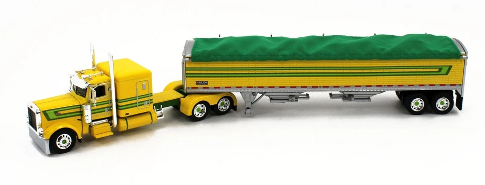 2023 DCP 1:64 *YELLOW & GREEN* Peterbilt 389 63" Flattop w/WILSON GRAIN TRAILER - Image 2 of 4