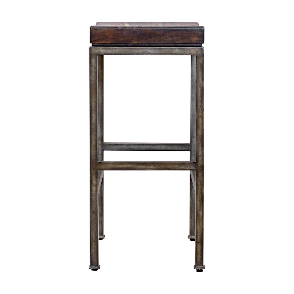 Minimalist Industrial Wood Iron 30 in Bar Stool Counter Curved Seat Steel Walnut - Image 4 of 4