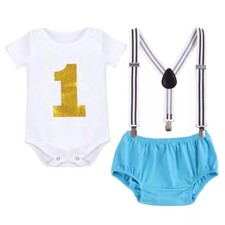 Baby Boys First 1st Birthday Outfit Bodysuit Romper Top Vest  Blue Cake Smash 