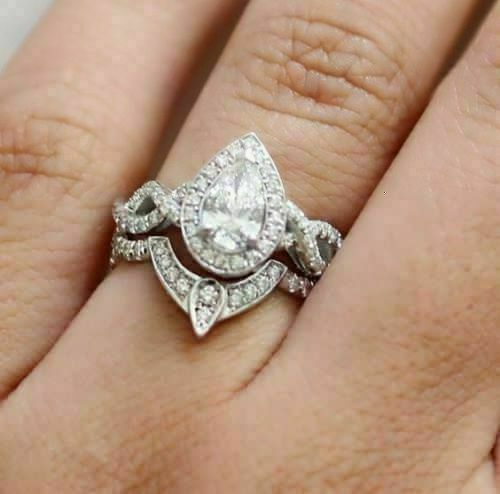 Engagement Ring Set 14k White Gold 2.97Ct Pear Diamond Simulated Halo Size 7.5-image