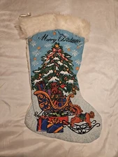 Large Quilted Christmas Stocking Merry Christmas Christmas Tree Gifts Sled Blue