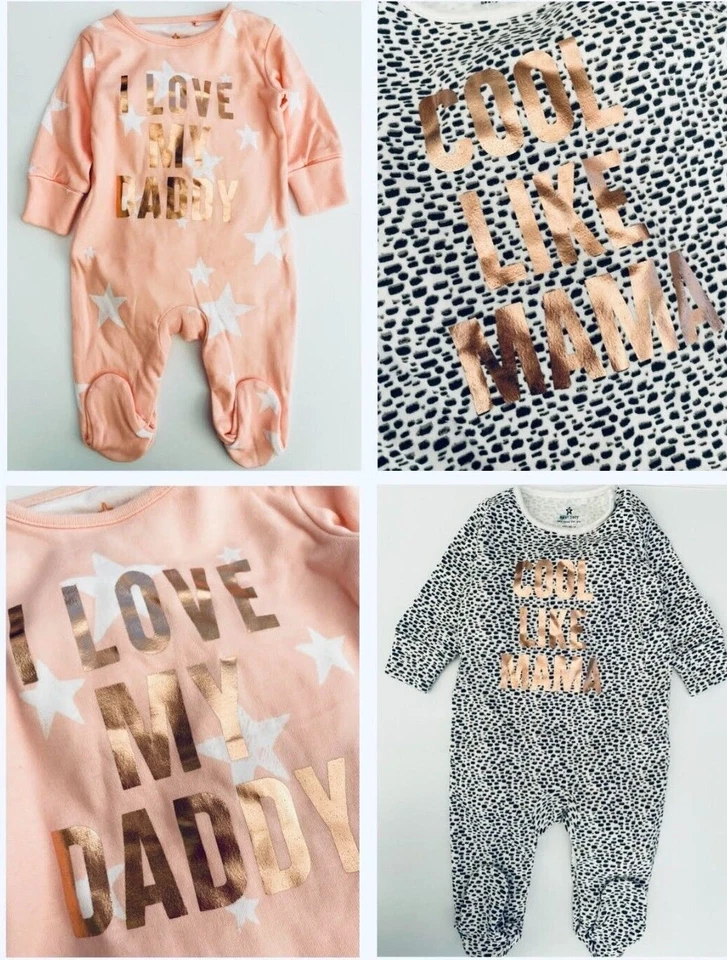 NEXT Baby Girls Ex NXT Sleepsuit Mummy Daddy Leopard Gold Pink Soft 100% Cotton NEW