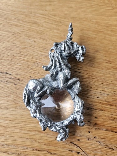 Vtg Hanging PEWTER MYTHICAL UNICORN CRYSTAL Figurine 4"