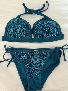 Venus Teal Sequins Bikini Top DD & Matching Tie Bottoms 10 Excellent condition