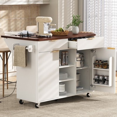 K&K 52'' Fluted Kitchen Island with Drop Leaf, Power Outlet,  Kitchen Storage C