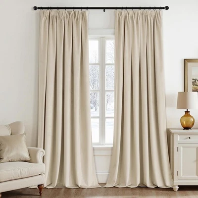 Rideau Velours Beige Occultant Thermique Cordon 2x140x245cm Rideaux - Photo 1/4