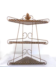Vintage Corner Shelf 3 Tier Gold Tone Metal Mesh Stand Display MCM