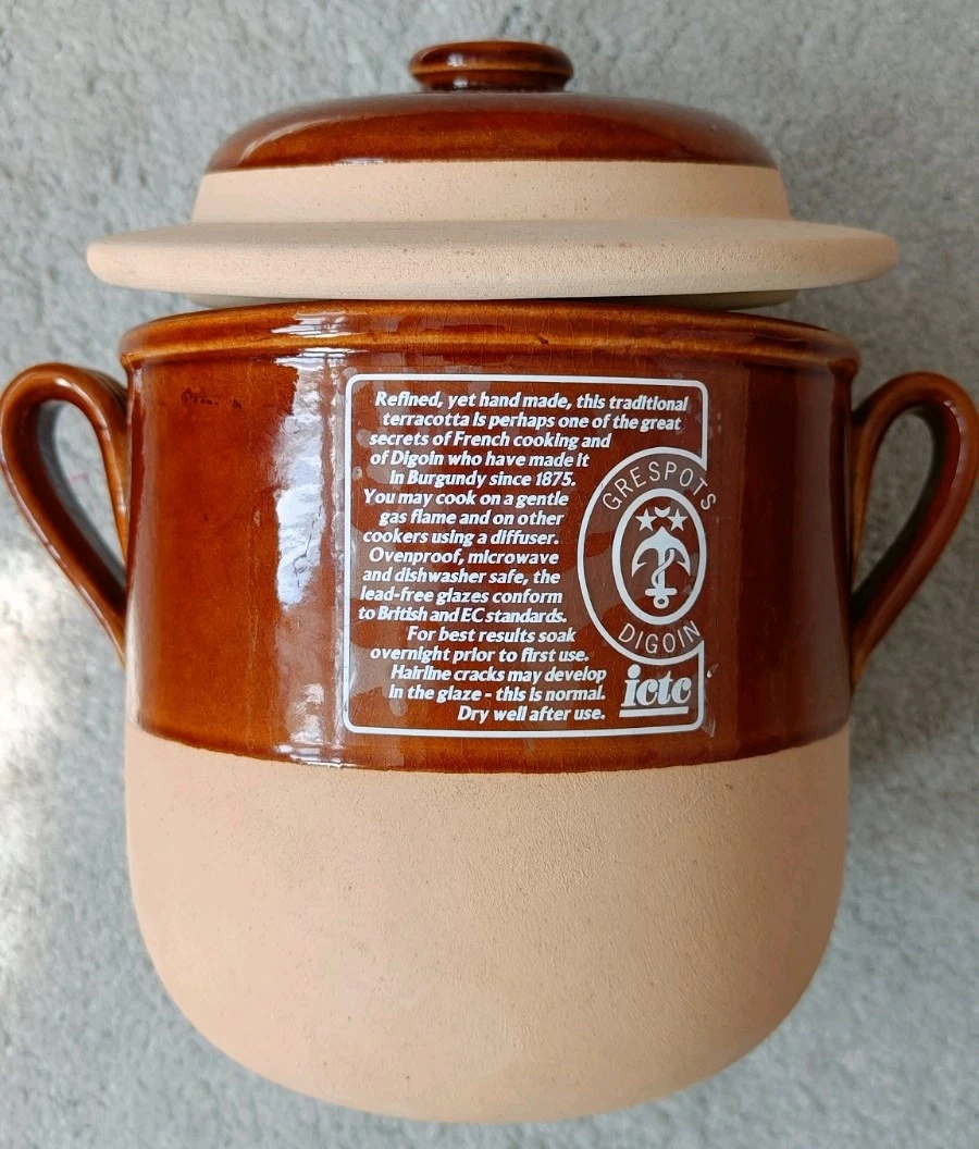 RARE Vintage Grespots Digoin Earthenware Brown Stew Pot With Lid - NEW