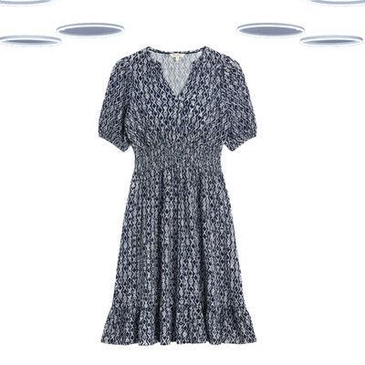 Ex Fat Face Women's Jersey Dress -Short Sleeve Geo Print Shirred Waist Navy