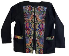 Embroidered Floral Black Multicolor Mid-Length Jacket with Lined Pockets Women