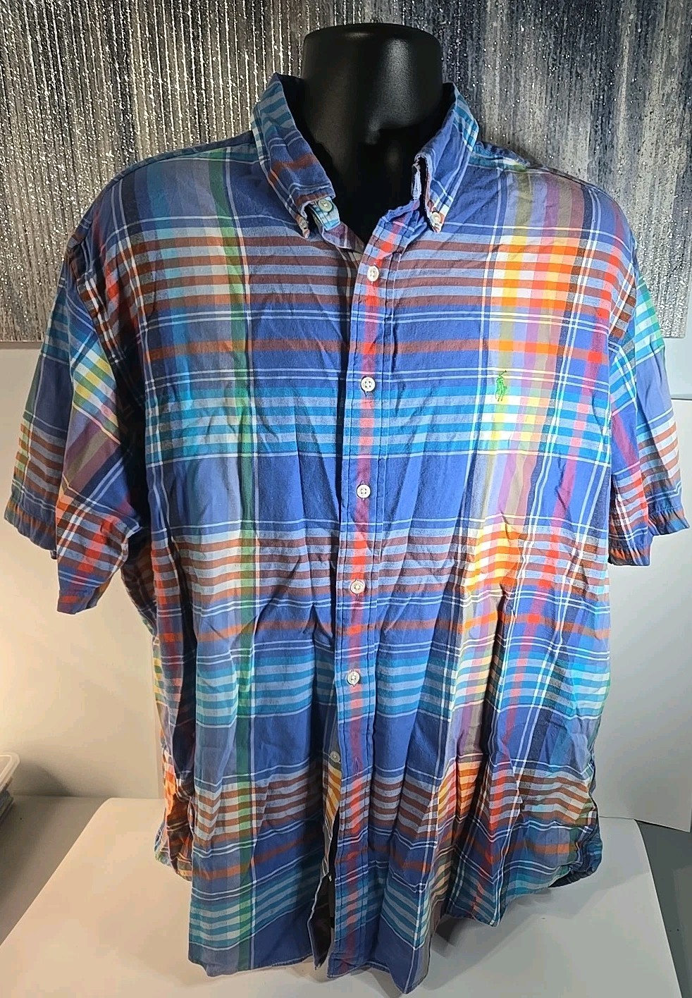 Polo pony uomo Ralph Lauren cotone quadri colorati quadri casual camicia grande usata in ottime condizioni