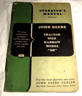Original 1950's JOHN DEERE Manual Parts List Model SH Tractor Disk Harrow