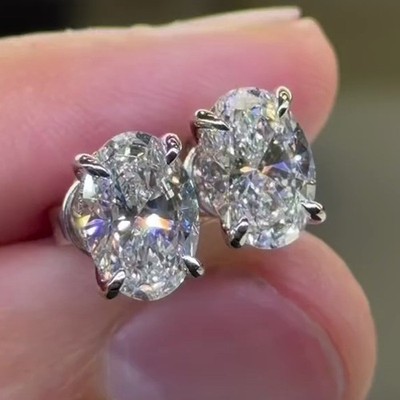 4.20CTW Oval Cut Moissanite Hidden Halo Push Back Earrings 14K White Gold Plated