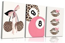 Trendy Leopard Bow Canvas Wall Art Set of 3 Funky Cherry 24L" x 16W"canvas Pink