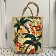 Vintage 50s/60s Large Woven Straw Raffia Basket Beach Bag Handles Flowers Birds