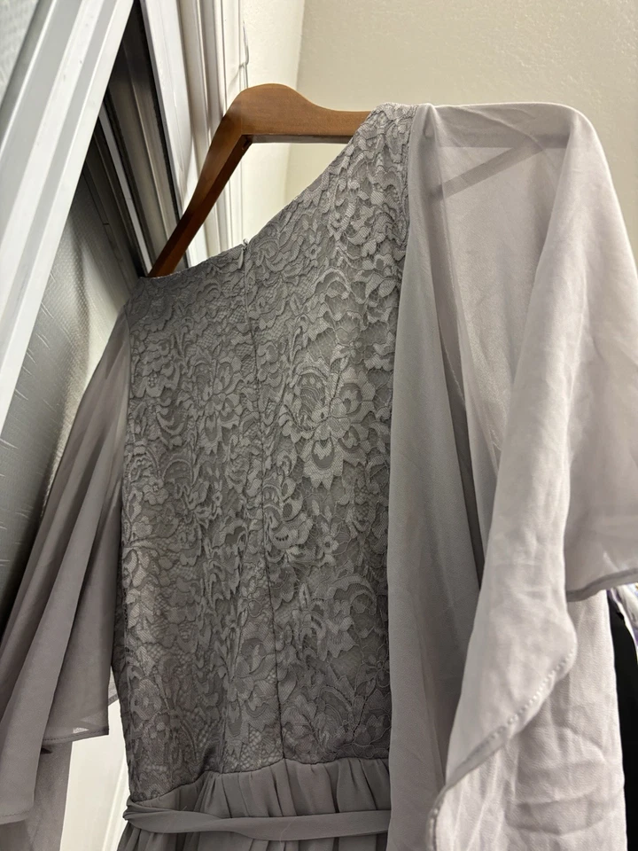 Maxi vestido de fiesta para mujer con manga de baile. Color: Gris, Talla: 10. Trabajo Floral Foto 4 de 4