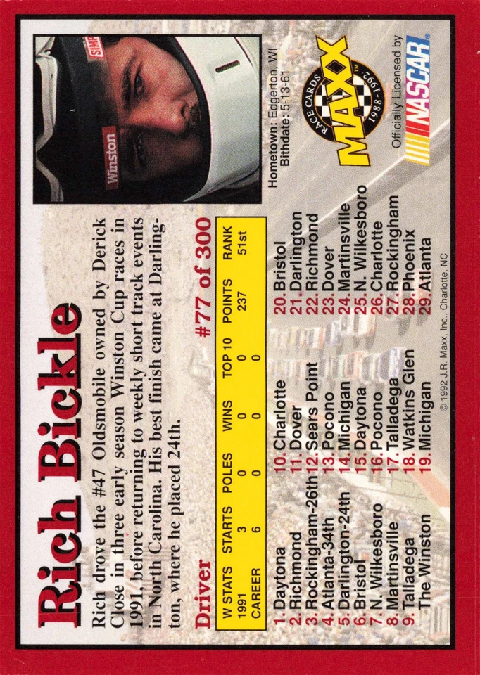 Rich Bickle #77 1992 Maxx (Red) Close Racing Racing - Image 2 of 2