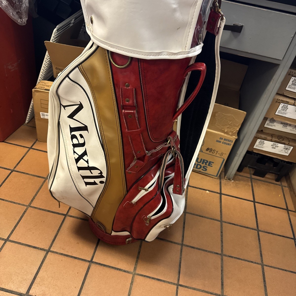 VINTAGE Maxfli Pro Golf Tour Bag White Red Gold Leather Dunlop