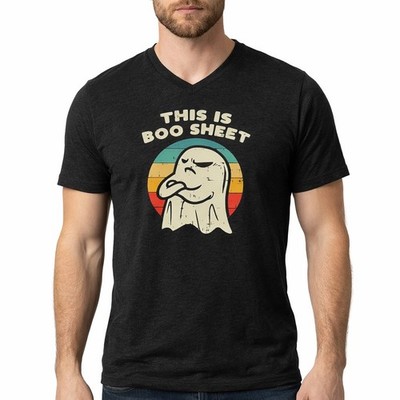 This Is Boo Sheet Mens Graphic Tee Shirt Ghost Retro V Neck Dark Heather Large