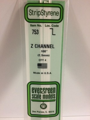 Evergreen 753 Plasticcart Z-Channel 2,5x1,27x350mm (4) Polystyrene Z-Profil